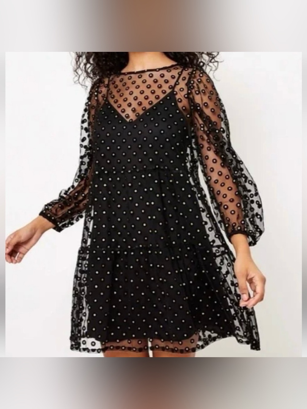 LOFT Sheer Long Sleeve Golden Dot Mini Dress Size Medium Petite